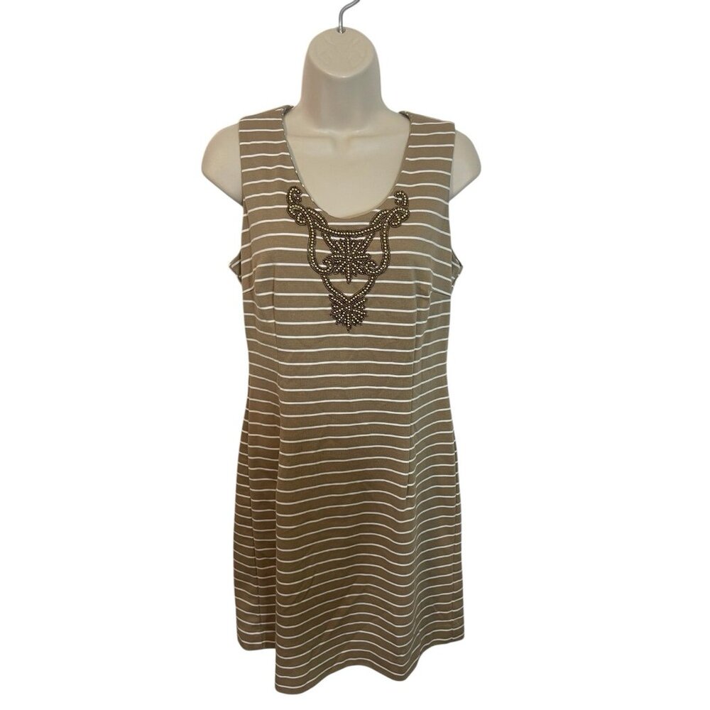 SHARAGANO Women's Size 8 Tan Striped Dress with Beaded Embellishment